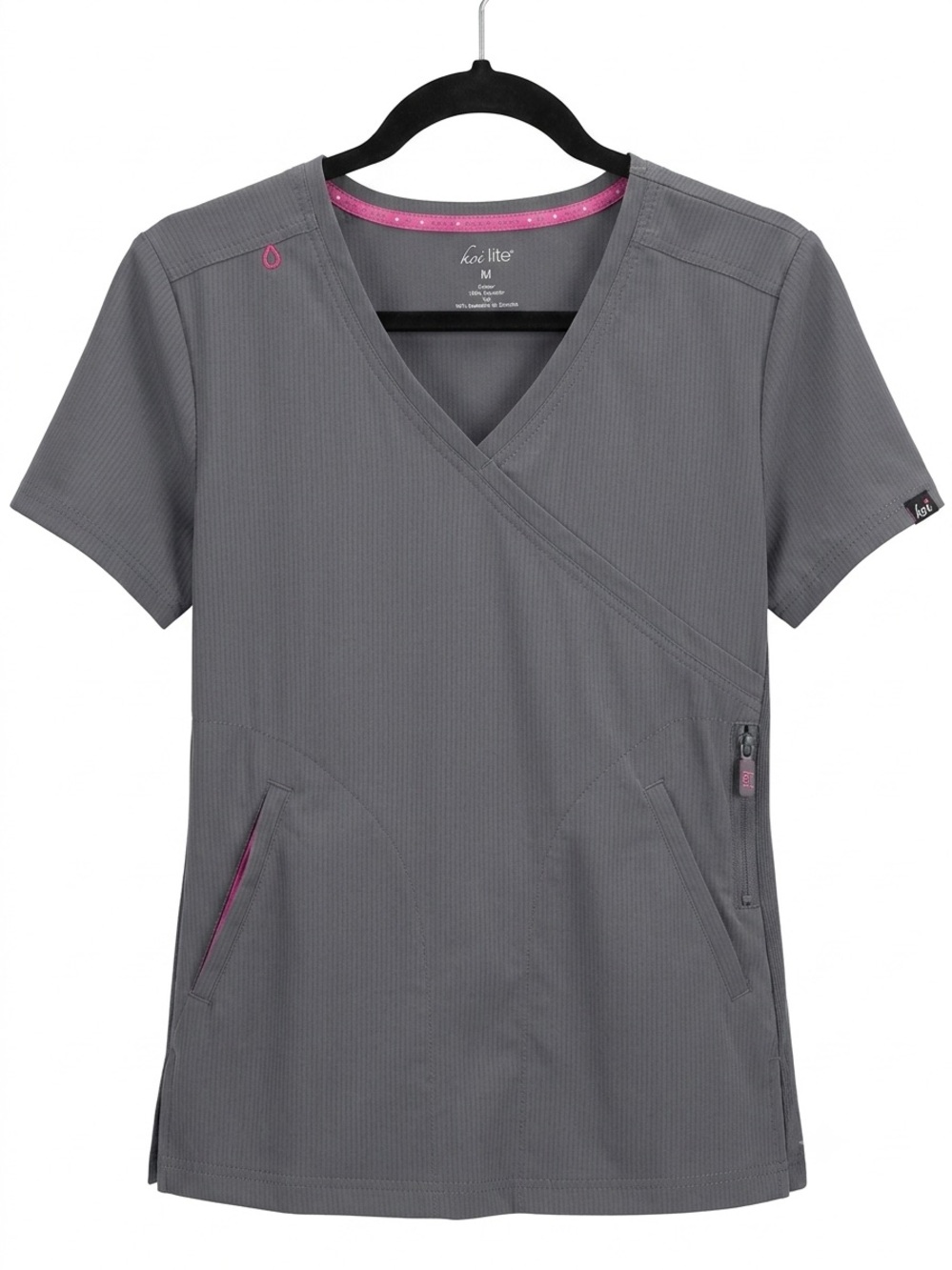 koi Lite Women's V-Neck Scrub Top in Gray with Pink Accents